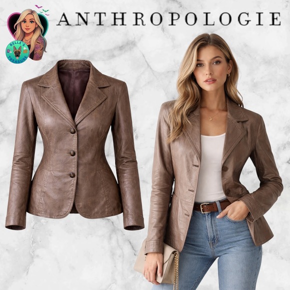 Anthropologie Tape Measure Brown Leather Blazer Jacket Womens 12 Y2K Luxury Y2K